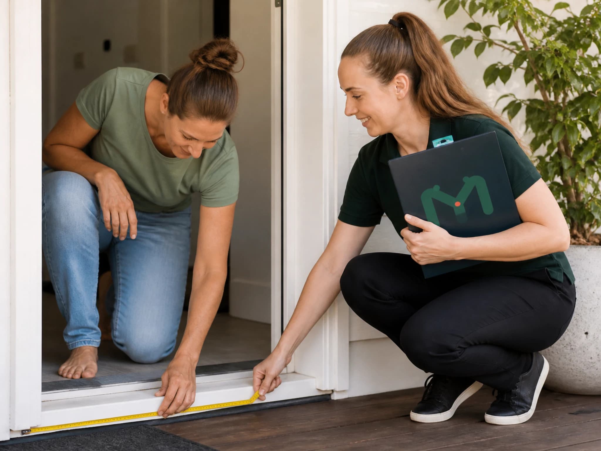An adult and occupational therapist measuring a doorway threshold together