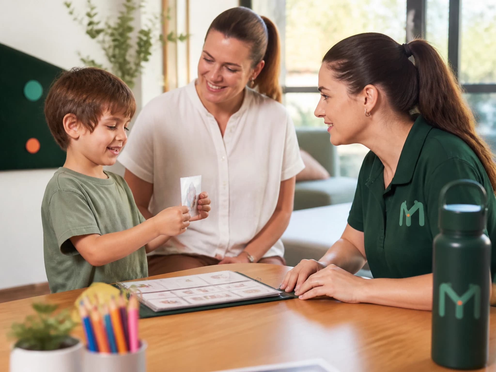 A child leading a school-readiness activity with a parent and practitioner